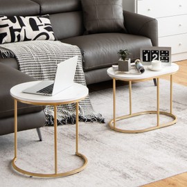 Giantex Modern Nesting Coffee Table Set of 2, Coffee Table & End Table Sets, Golden Steel Frame, Easy Assembly, Accent Marble-Look Stacking Side Table for Living Room Bedroom Apartment (Gold)
