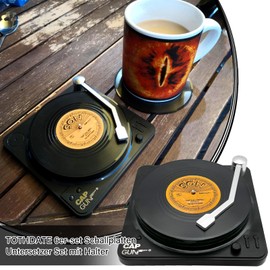 TOTHDATE Set of 6 Vinyl Record Coasters Set with Holder, Round Vinyl Coasters, Non-Slip Drinks Coasters, Coffee Tea Coasters, Novelty for Drinks, Bars, Cafés, Home, Pub Parties, Style 2