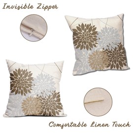 WOFOLE Gray Brown Pillow Covers 20x20 Inch, Grey Dahlia Flower Print Throw Pillow Covers Outdoor Decor Linen Cushion Case for Home Living Room Sofa Couch Bed, Set of 2