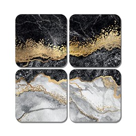 4 x Square Black Gold Coasters - Marble Effect Agate Art Deco Jigsaw Gift #78311