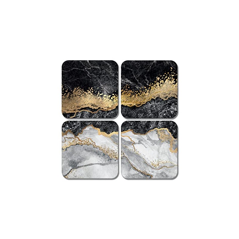 4 x Square Black Gold Coasters - Marble Effect Agate