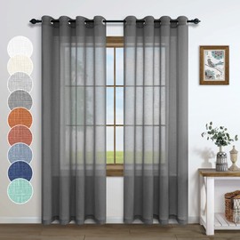Charcoal Grey Curtains 84 Inch Length for Bedroom Windows 2 Panels Set Grommet Linen Look Light Filtering Semi Transparent Solid Dark Gray Sheer Curtains for Living Room Office 52x84 Long Dark Grey