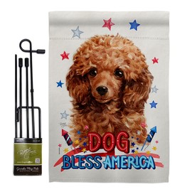 Breeze Decor Patriotic Miniature Poodle Garden Flag Set with Stand Animals Dog Puppy Spoiled Paw Canine Fur Pet Nature Farm Animal Creature Small Gift Yard House Banner Made in USA 13 X 18.5