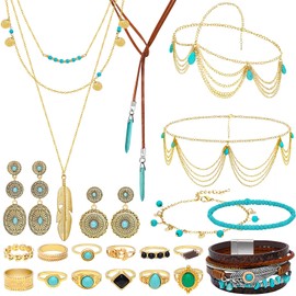 NEWITIN 23 Pieces Gold Bohemian Jewelry Set for Women Fashion Costume Jewels Turquoise Necklace Bracelet Ring Belt Chain Head Chain Earrings Western Turquoise Jewelry Set for Women
