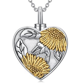 Flpruy Hummingbird Cremation Urn Necklaces for Ashes 925 Sterling Silver Sunflower Urn Pendent Necklaces Hummingbird Sunflower Urn Jewelry for Human Ashes Women