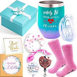 Nurse Gift Box for Women -Nurse Appreciation Gift ,Nurse Graduation, Nursing School, Christmas Gifts-Nurse Practitioner,RG Gift -WineTumbler,Socks,Coaster, Scarf, Badge Holder Reel (Glitter Gradation)
