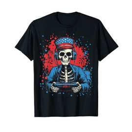 Patriotic Gamer Skeleton 4th of July Uncle Sam Hat Gaming T-Shirt