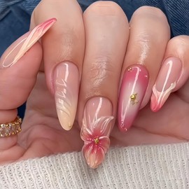 3D Flower Press on Nails Long Stiletto Fake Nails Handmade False Nails with Rhinestone Charm Designs Stick on Nails for Women 24 Pcs (Pink-4, L-4)