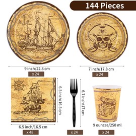 durony 144 Pieces Pirate Tableware Set Pirate Party Plates Cups Napkins Pirate Party Supplies Treasure Map Theme Favors for Pirate Birthday Party Decorations, Treasure Theme Party, Serve 24 Guests