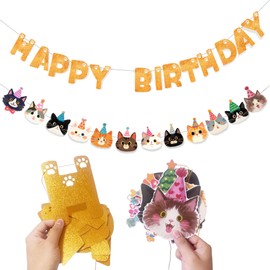 Cartel de feliz cumpleaños, decoración de fiesta de cumpleaños con temática de gato, cara de gato y guirnalda con estampado de huellas (pre-robusto)
