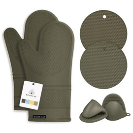 Rorecay 6pcs Oven Mitts and Pot Holders Sets for Kitchen, Extra Long Silicone Oven Gloves Heat Resistant 500 Degrees Non-Slip Potholders Hot Pads for Baking Cooking, Forest Night