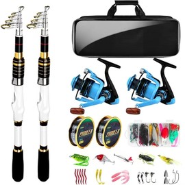Telescopic Fishing Rod and Reel Combo, 2PACK Carbon Fiber Travel Rod, 2 Collapsible Spinning Reels, 2 100m Line, Carrier Bag and Carrier Bag Lures Kit for Adults Saltwater Freshwater