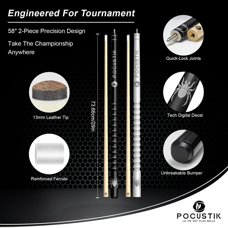 POCUSTIK Pool Cues Set of 2, 58" 2-Piece Pool Stick