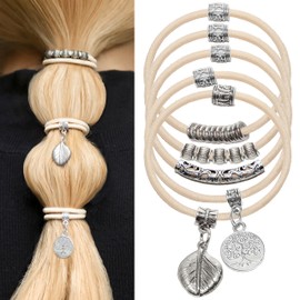 Loqpol 5PCS Silver Boho Hair Ties Bracelet | Fancy Hair Band Bracelet with Metal Beads, Pretty No-Damage Ponytail Holder, Boho Style Hair Accessories for Women and Girls (Beige- Silver)
