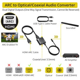 PROZOR 192KHz HDMI ARC to Optical Audio Adapter, ARC Audio Extractor, TV HDMI(ARC) to Optical Toslink/Coaxial Converter, for TV to Speaker Amplifier Soundbar (Not Reversible)