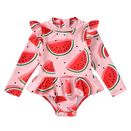 YOUNGER TREE Baby Swimsuit Girl Long Sleeve Ruffle Zipper Rash Guard Infant One Piece Swimwear Toddler Bathing Suit Girl (Pink-Watermelon, 12-18 Months)