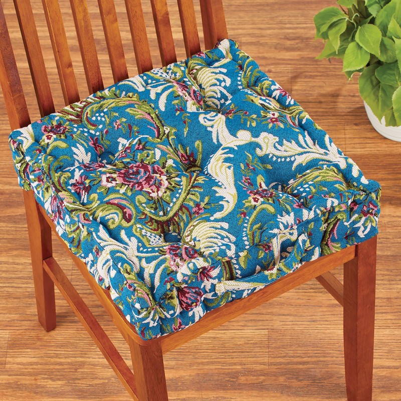 Collections Etc Thick Padded Tapestry Booster Tufted Chair Cushion Blue