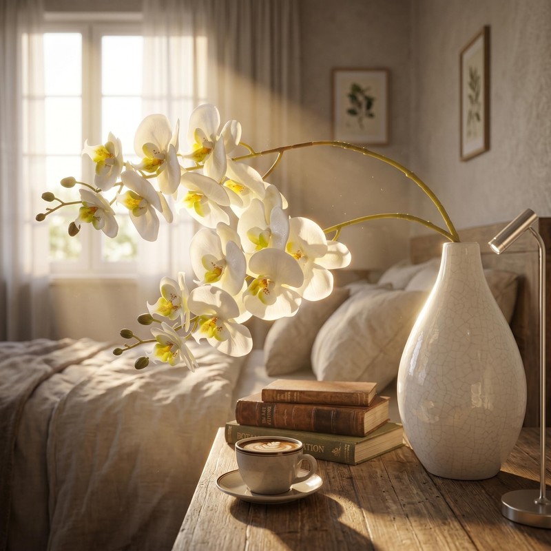 Artificial Phalaenopsis Orchids Flowers，Realistic Fake Flowers Decor，White