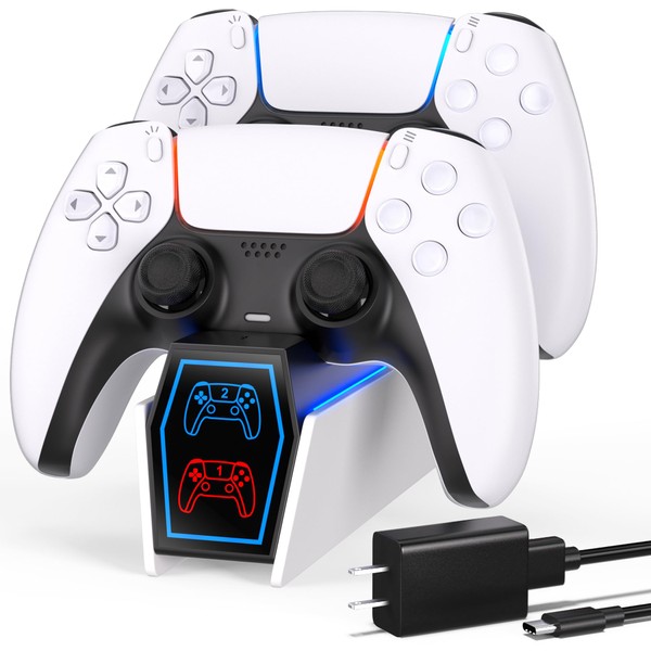 Uxeunrps PS5 Controller Charger Station, PS5 Controller Charger Comes with a Quick Charging AC Adapter of 5V/3A, Designed for Playstation 5 Dual Controller Charging Dock,Anti-Slip,Anti-Dumping(White)