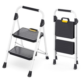KINGRACK Sturdy Steel 2 Step Ladder, Folding Step Stool with Handrail, Anti-Slip Wide Pedals, Safe-Lock Design, Pass 800lbs Load Testing, Portable Ladder for Multi-Purpose in Home, Kitchen, White