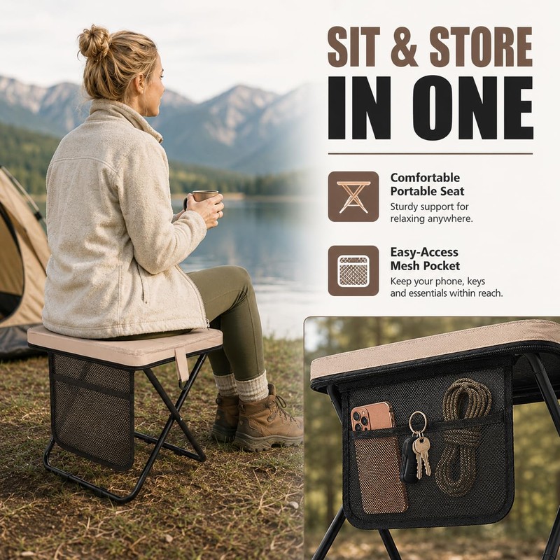 Soly Portable Folding Stool,14.2"Collapsible Camp Stool with Storage Pocket