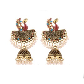 Pearl Jhumka Bell Beaded Peacock Indian Stud Large Dangle Earrings for Women Girls Fashion Bohemian Vintage Animal Studs Exaggerate Unique Dangling Traditional Jewelry Party Birthday Gifts (Colorful)