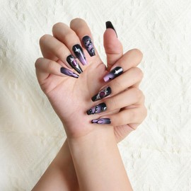 Melines 3D Gothic Black Starry Snake Motif 30pcs Medium Square Nails, Colorful Full Cover Artificial Stick on Nails Kit