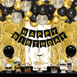 Black Gold Birthday Decorations Set,55pcs Black Gold Balloons,Confetti Balloons,Happy Birthday Banner,Gold Fringe Curtain,Hanging Swirls,Black And Gold Birthday Balloons For Birthday Party Decoration