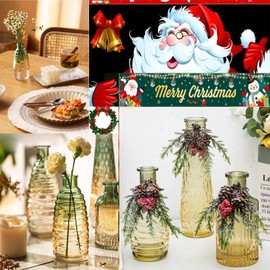 FANTESTICRYAN Baroque Bud Glass Vases Set of 3, Retro Gradient Small Glass Vase Single Flower Vases for Centerpiece Décor, Tabletop, Christmas Special (Green)