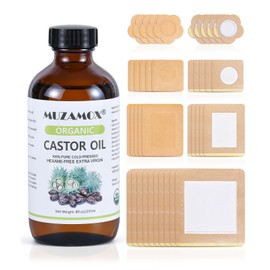 Castor Oil Patches Disposable 40 pcs, Castor Oil Pack Wrap Organic Cotton for Liver, Stomach, Neck and Belly Button (8oz Amber Glass Bottle Included)