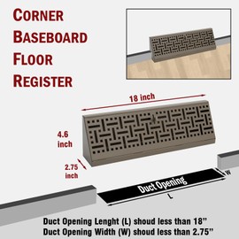 Fits 18" Baseboard Space | Corner Baseboard Register by Handua | Decorative Design | 18" External Length Register Vent Cover Grill | Adjustable Lever for Air Flow Control | Brown