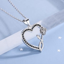 Chereda 925 Silver Heart Rose Flower Pendant Necklace For Women Party Birthday Gift Black Crystal Zircon Clavicle Chain Jewelry