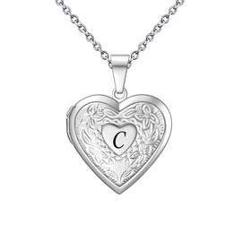 KunBead Heart Picture Locket Pendant Necklace Letter C Initial Photo Locket Necklaces for Picture