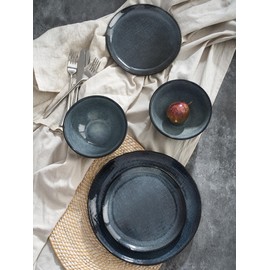 Famiware Moonlight Plates and Bowls Sets, 24 Pieces Stoneware Dinnerware Sets with Linen Finish, Dishware set for 8, Microwave and Dishwasher Safe, Chip and Scratch Resistant, Dark Blue