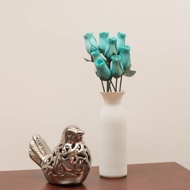 Light Blue Roses Bunch of 8 Closed Bud Wooden Roses