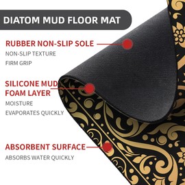 ZHUZHISHAN Diatomaceous Earth Bath Mat,Black Gold Flower Non-Slip Volume Super Absorbent Fast Drying for Bathroom Kitchen Door mat,Eco-Friendly Easy to Clean 20×31Inch (50 * 80cm)