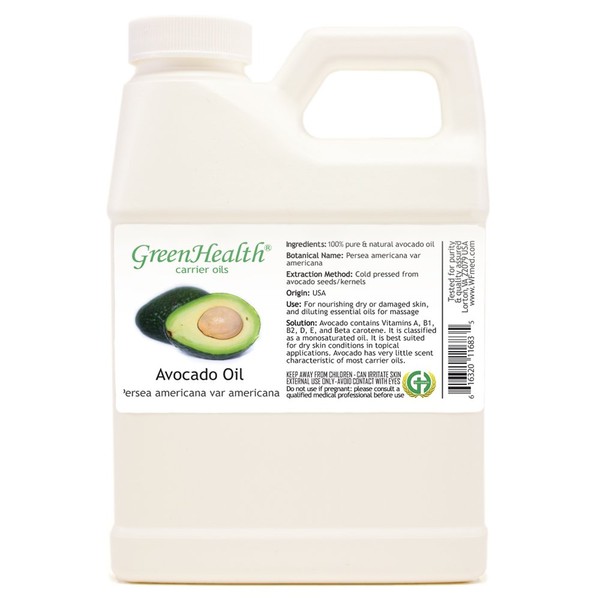 GreenHealth Avocado – 16 fl oz (473 ml) Plastic Jug w/Cap – 100% Pure Carrier Oil