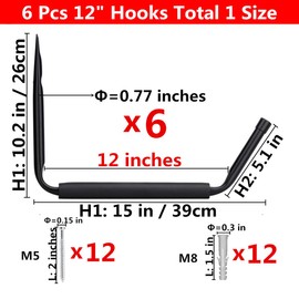 Yisunnan Garage Storage Jumbo Arm Hook Heavy Duty Wall Mount Organizer Utility Garden Hanger with EVA Protector, 6 Pcs 15" Kayak Storage Hooks