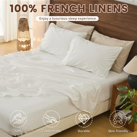 Bedlifes 100% French Pure Linen Sheets King Size Breathable and Cooling Flax Sheet Set Soft Durable and Moisture Wicking 16 Inch Deep Pocket-4 Piece(King,White)