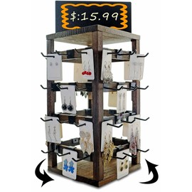 Jewack Wooden rotating Jewelry Display Stand with Removable 48 Hooks advertising board, For Earring Cards necklace bracelet Keychain Jewelry Organizer For Selling For vendor events (Dark brown)