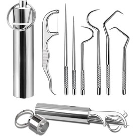 PEAKTREND 7Pcs 2 Set Portable Stainless Steel Toothpicks Pocket Set, Reusable Metal Toothpicks Cleaning Kit with Holder for Outdoor Picnic Camping Traveling