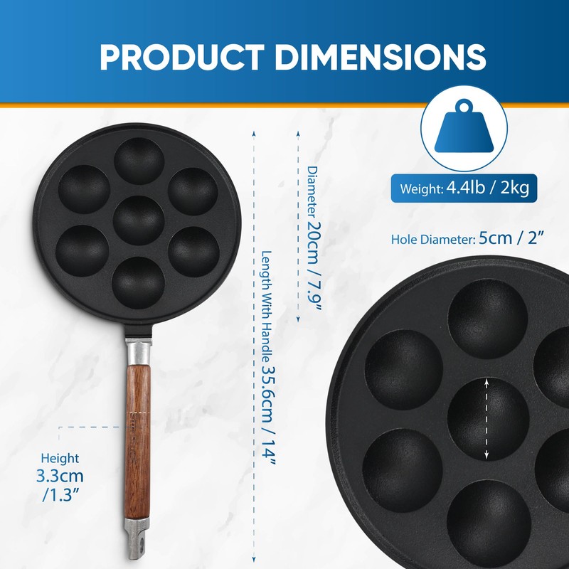 StarBlue 7-Hole Cast Iron Aebleskiver Pan Detachable Wooden Handle, Pre-Seasoned,