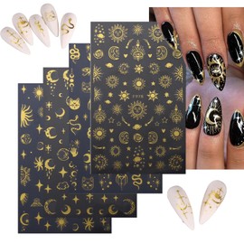 4 Sheet Gold Nail Art Stickers Decals 3D Self-Adhesiver Nail Decals Gold Sun Moon Five-Pointed Star Designs Sun Moon Nail Stickers Nail Art Supplies for Women Nail Accessorise DIY