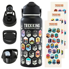 Trekking The National Parks Water Bottle with 63 Waterproof Stickers & 3 Lids (Straw, Spout, & Chug) | 32 Oz Insulated Wide Mouth Stainless Steel Bottle for Camping & Hiking | BPA-Free and Leak-Proof