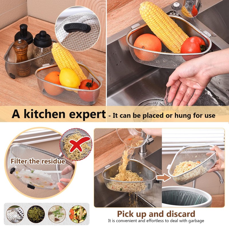 Triangular Sink Strainer, Stainless Steel Strainer Basket, Sink Drain Shelf,