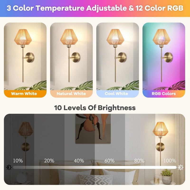 Battery Operated Wall Sconce Set of 2, Rattan Rechargeable Wall
