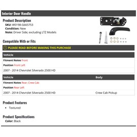 Left Driver Side Interior Door Handle - Compatible with 2007-2014 Chevy Silverado 2500 HD Crew Cab Pickup (Excludes LTZ Models)