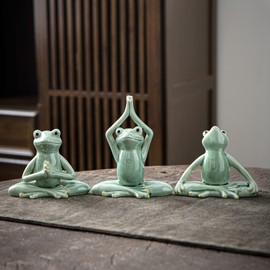 OwMell Ceramic Zen Frog Decor, Ceramic Yoga Pose Meditation Frog Staute for Home Zen Decoration - Namaste