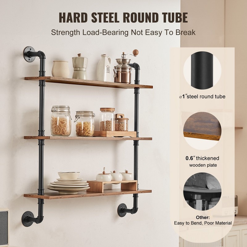 VEVOR Industrial Pipe Shelf 3 Tier 32x7.87in Wall-Mount for Kitchen