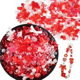 150g(170~230pcs) Aesthetic Acrylic Assorted Beads Cute Beads for Jewelry Making Kawaii Flower Heart Star Butterfly Bow Round Beads Bulk for Bracelets Making Necklaces DIY Crafts (Red)